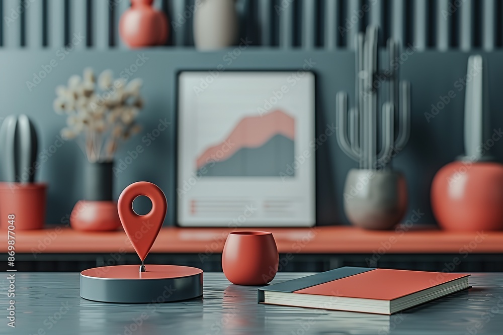 Aufkleber a red and grey object sits on a table with a red notebook and a cup