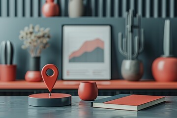 A red and grey object sits on a table with a red notebook and a cup