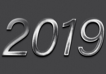 Chrome metal 3D number design of 2019 on grey background.