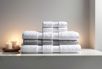 Light white spa towels pile, bath towels lying in a stack on light white peaceful background
