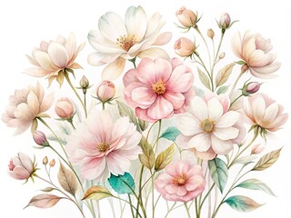 Delicate watercolor illustration of pale pink flowers in soft, blended hues, featuring gentle petals and stems on a white background with subtle texture.