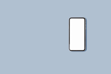 One smartphone with blank white screen, demonstrating copy space for app or ad design, on blue...