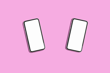 Two smartphones with blank white screens, demonstrating copy space for app or ad design, on pink background