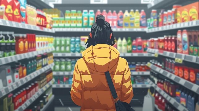 Shopper navigating store, categorized digital list, smartphone, efficiency.