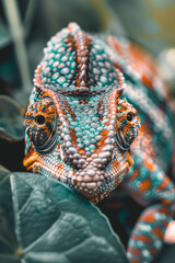 Obraz premium Chameleon Detailed Close-Up with Colorful Scales in Nature Wildlife Photography