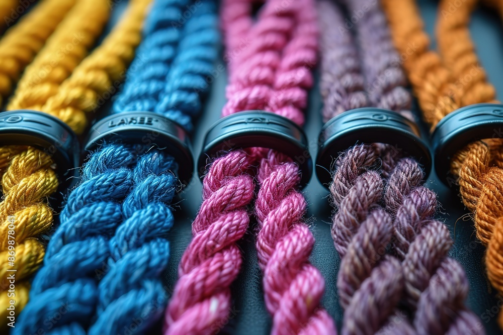 Poster a row of colorful strings with black bands on them