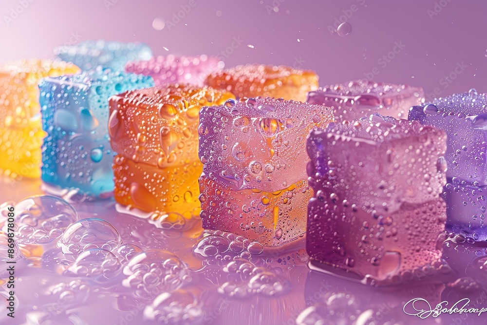 Poster a row of colorful cubes with bubbles on top of them