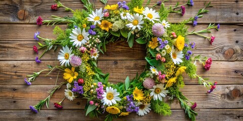 Vibrant summer flowers, including daisies, buttercups, and wildflowers, arranged in a lush circular wreath, adorned with greenery and ribbons, on a natural wood background.