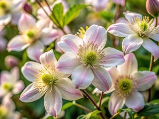 Obraz premium Delicate, bell-shaped white Clematis Montana flowers with pink-tinged anthers and dark green foliage unfurl against a soft, blurred background, showcasing intricate textures and details.
