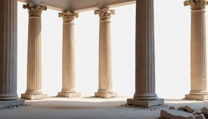 remains of columns from the Roman Empire, isolated white background. 
