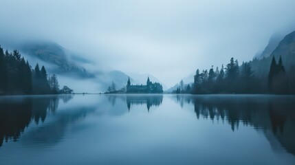 Fototapeta premium Misty morning reflection with castle amidst pine forest and lake.