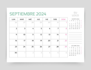 Spanish calendar for September 2024 year. Planner calender template. Week starts Monday. Desk monthly organizer. Table schedule grid. Corporate timetable layout. Vector illustration. Paper size A5