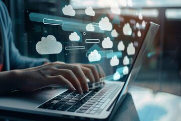 Close up of businessman hands typing on laptop keyboard with cloud technology icons floating above, indicating the use of AI for data analysis and marketing