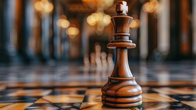 Chess king in focus with blurred majestic background, strategy theme