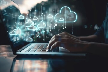A person typing on a laptop with Cloud computing technology and online data storage for business network concept. Computer connects to internet server service for cloud data transfer
