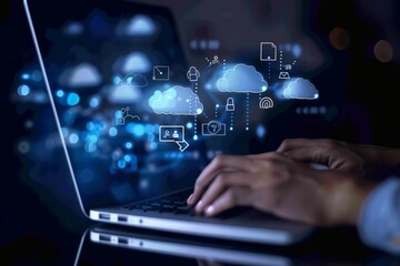 Close up of businessman hands typing on laptop keyboard with cloud technology icons floating above, indicating the use of AI for data analysis and marketing