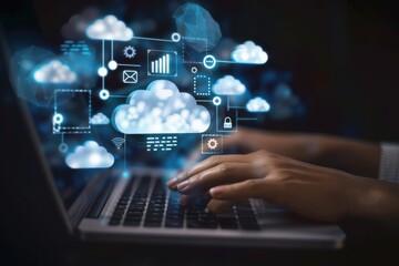 Close up of businessman hands typing on laptop keyboard with cloud technology icons floating above, indicating the use of AI for data analysis and marketing