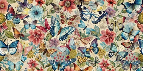 Fototapeta premium A pattern featuring colorful butterflies, which can be combined with floral patterns.