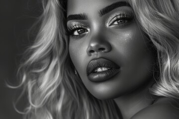 Fototapeta premium Blonde woman with long curly hair and perfect makeup. Black and white photograph. Salon Haircare or Skincare. Perfect hair and Smooth Skin