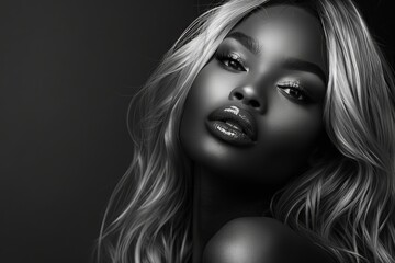 Fototapeta premium Blonde woman with long curly hair and perfect makeup. Black and white photograph. Salon Haircare or Skincare. Perfect hair and Smooth Skin
