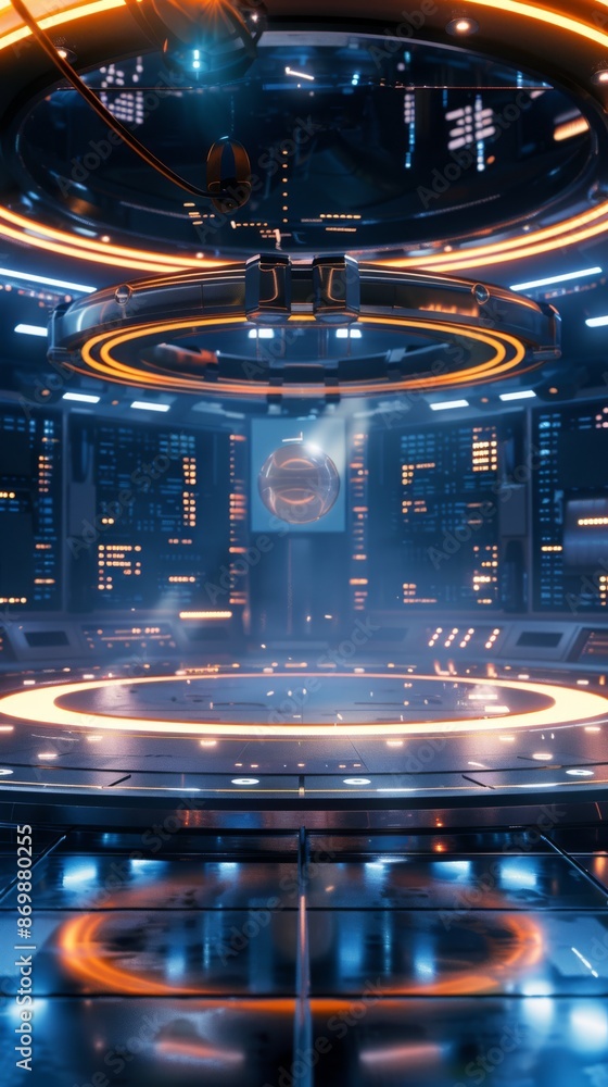 Aufkleber futuristic room with circular light structures and floating sphere. sci-fi interior design concept.