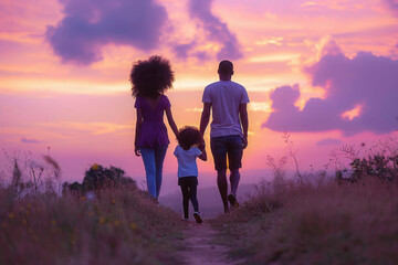 pink vibrant sunset field - black African american couple and child walking away - full view from behind - silhouette of a loving diversity black ethnic descendant family