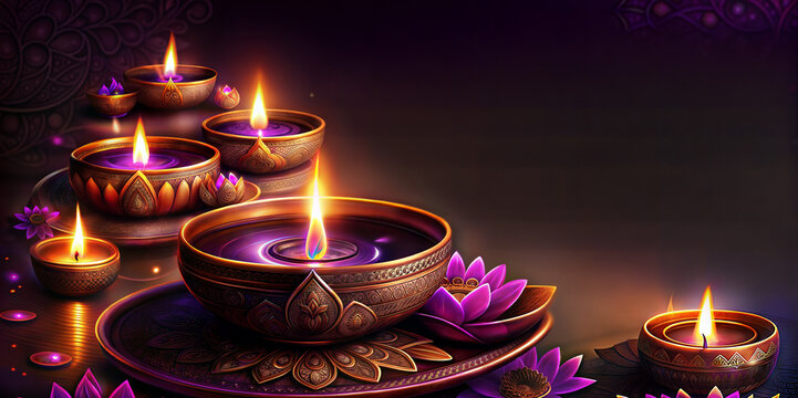 Beautiful oil lamps are burning, creating a warm and inviting atmosphere for the celebration of the hindu festival of diwali