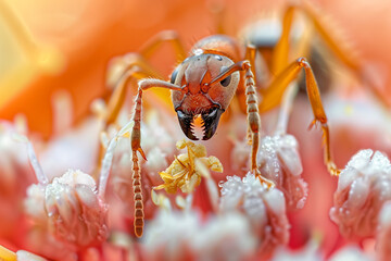 Naklejka premium Ant Macro Close-Up on Flower with Detailed Mandibles in Nature Photography
