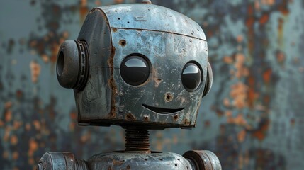 Cute robot. Friendly cute cartoon robot. good old metal robot. a little rusty. body corrosion. Customer support chatbot.Technology concept. Robotic toy. Realistic 3d robot