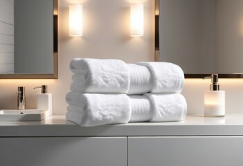 Light white spa towels pile, bath towels lying in a stack on light white peaceful background, at hotel, ad shot, copy space for text, decorative presentation
