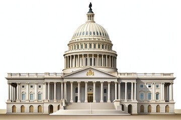 Obraz premium Elegant illustration of government parliament building with grand pillars and dome, set against a clean white copy space background for text overlay purposes.