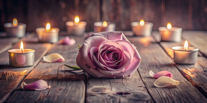 A solemn still life of a single rose petal lying on a weathered wooden table, surrounded by candles and a subtle purple hue, conveying mourning and solidarity.