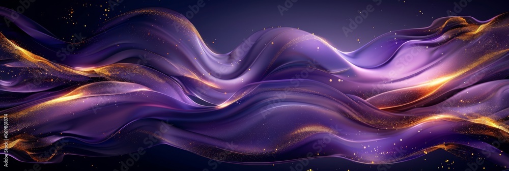 Poster dynamic abstract composition featuring flowing purple waves interwoven with golden accents against a