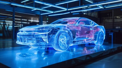 A blue, wireframe model of a sports car is showcased in a factory setting. The car is illuminated from below, highlighting its intricate design.