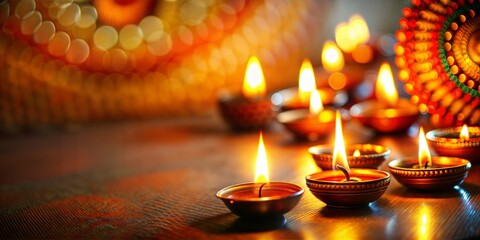 Obraz premium Row of illuminated oil lamps on a table with a blurred, sparkling background for diwali festival, creating a warm and festive atmosphere