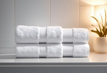 Light white spa towels pile, bath towels lying in a stack on light white peaceful background, at hotel, ad shot, copy space for text, decorative presentation
