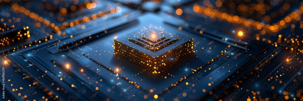 Poster futuristic circuit board with orange lights. abstract image of a futuristic circuit board with glowi
