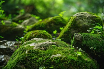 Vibrant green moss has grown to cover the forest's rough stones and floor. Display in macro perspective. Natural wallpaper made from rocks covered in moss.