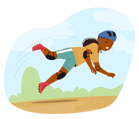 Child Falling While Roller Skating Outdoors, Girl Character Wearing Protective Gear Such As A Helmet And Knee Pads