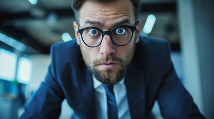 Shocked businessman making big eyes and staring at camera