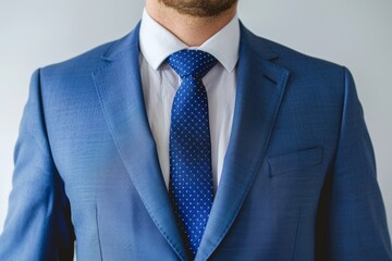 Close-up of a male arm wearing a blue suit. Executive agent, marriage shop, corporate elegance, serious move secretary, luxury formal interview, white-collar management job, and employment preparation