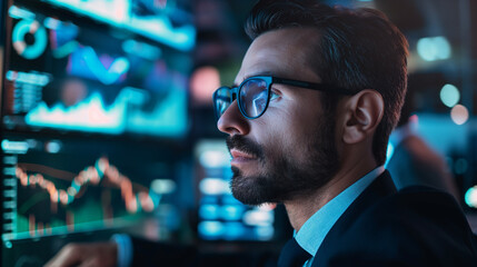 Fototapeta premium Businessman analyzing data on multiple computer screens in control room