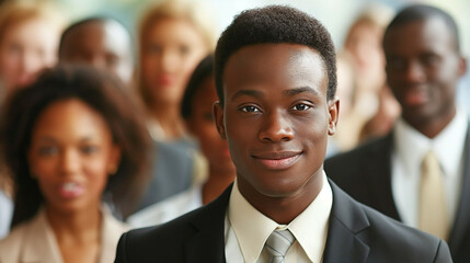 Confident businessman smiling with diverse team in background