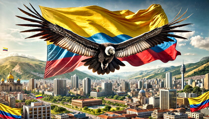 Andean Condor Bird Flying Above City For Colombian Independence Day Celebration Waving Flag Of Colombia In The Background