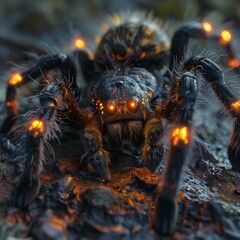 Close Up Of A Black And Orange Spider With Glowing Eyes