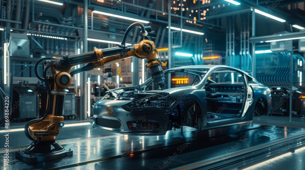 Poster a robotic arm in a futuristic car factory is assembling a car on a conveyor belt.