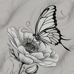 A stunning black and white line art illustration of a beautiful butterfly, delicately perched on a blooming white flower. The butterfly's wings are intricatel designed with a delicate balance of fine 