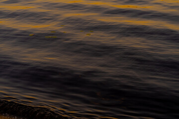 The reflection of golden colors on the surface of the water in the evening sun