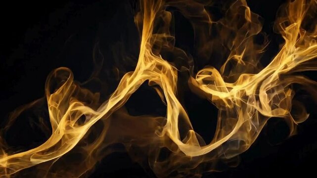 Yellow fire and smoke fluid flowing against dark black background, graphic abstract animated video