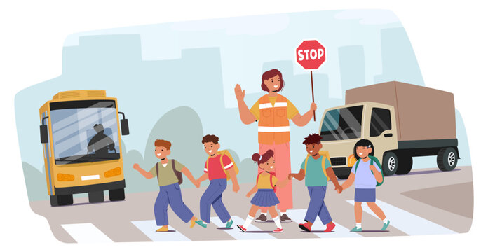 Group Of Cartoon Children Crossing The Street With A Crossing Guard Holding A Stop Sign, Vector Scene